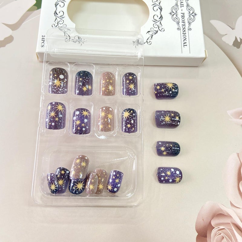 Vopintpy Starry Sky Press on Nails Short Square Fake Nails Gold Star Design Acrylic Nails Glossy Astral Glue on Nails for Women DIY Manicure - Image 3